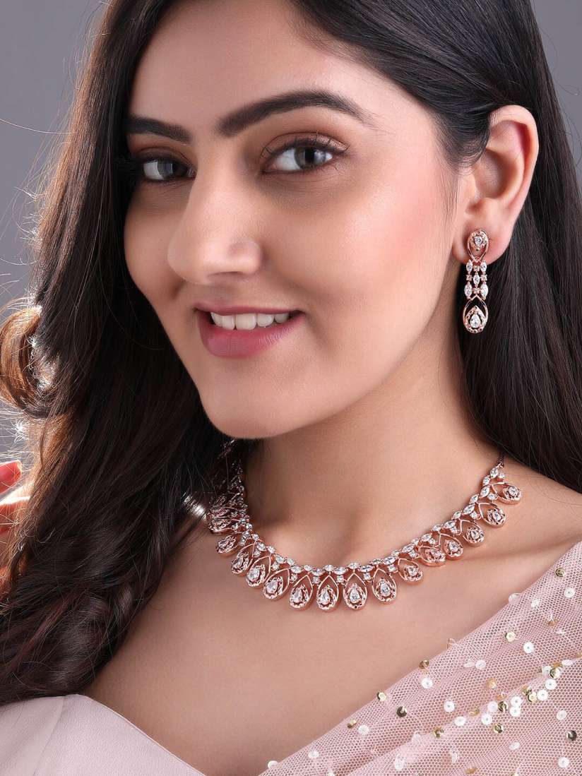 Buy Rubans Rose Gold Plated White CZ Studded Handcrafted Statement Necklace Set Jewellery Set for Women 13404114 Myntra