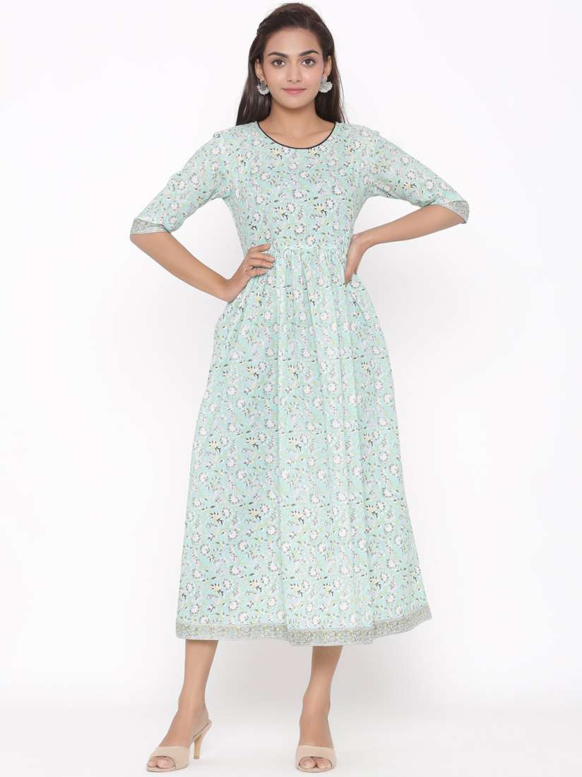 Buy Silai Bunai Women Green Printed A Line Dress Ethnic Dresses for Women 13670566 Myntra