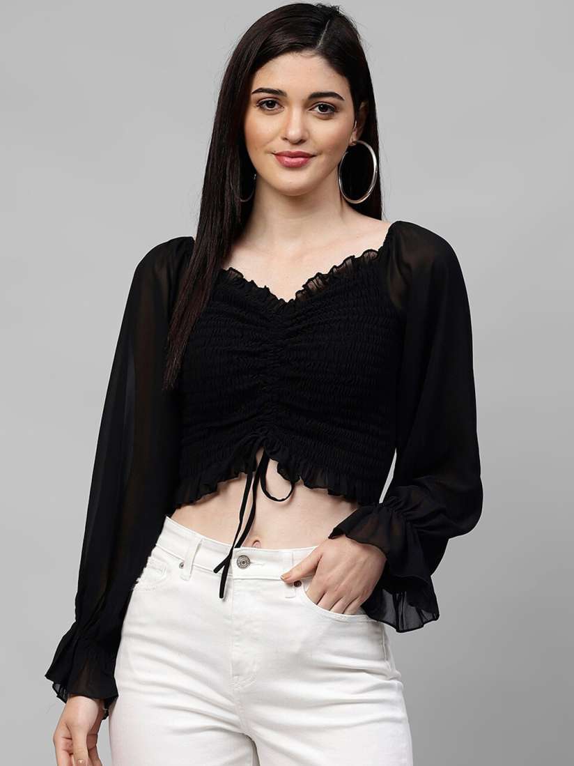 Buy Athena Black Bell Sleeves Georgette Crop Top Tops for Women 13709576 Myntra