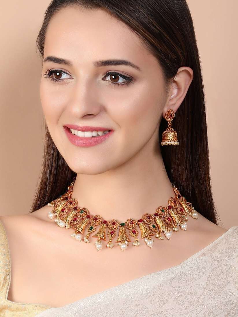 Buy Rubans Gold Plated Red Green Stone Studded Beaded Handcrafted Jewellery Set Jewellery Set for Women 13741530 Myntra