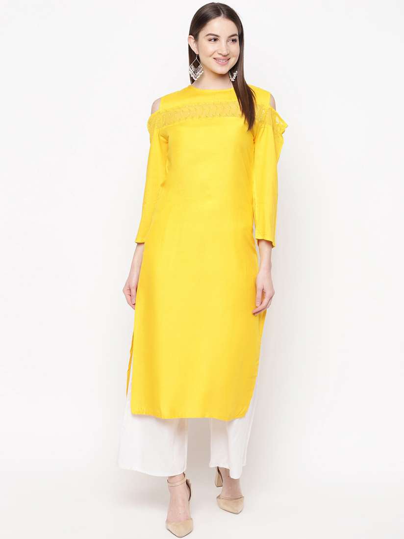 Buy Napra Women Yellow Floral Embroidered Cold shoulder Sleeves Thread Work Boat Neck Kurta Kurtas for Women 13891596 Myntra