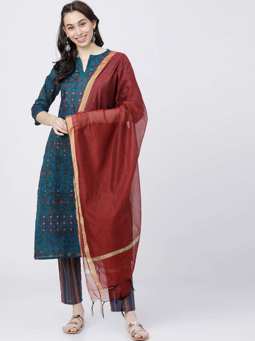 Buy Vishudh Women Teal Printed Kurta with Palazzo and Dupatta Kurta Sets for Women 13955914 Myntra