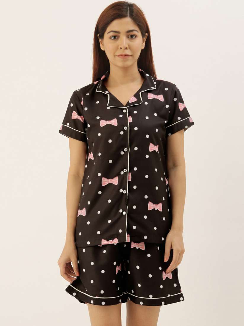 Buy Bannos Swagger Women Black Pink Bow Printed Night Suit Night suits for Women 13971770 Myntra