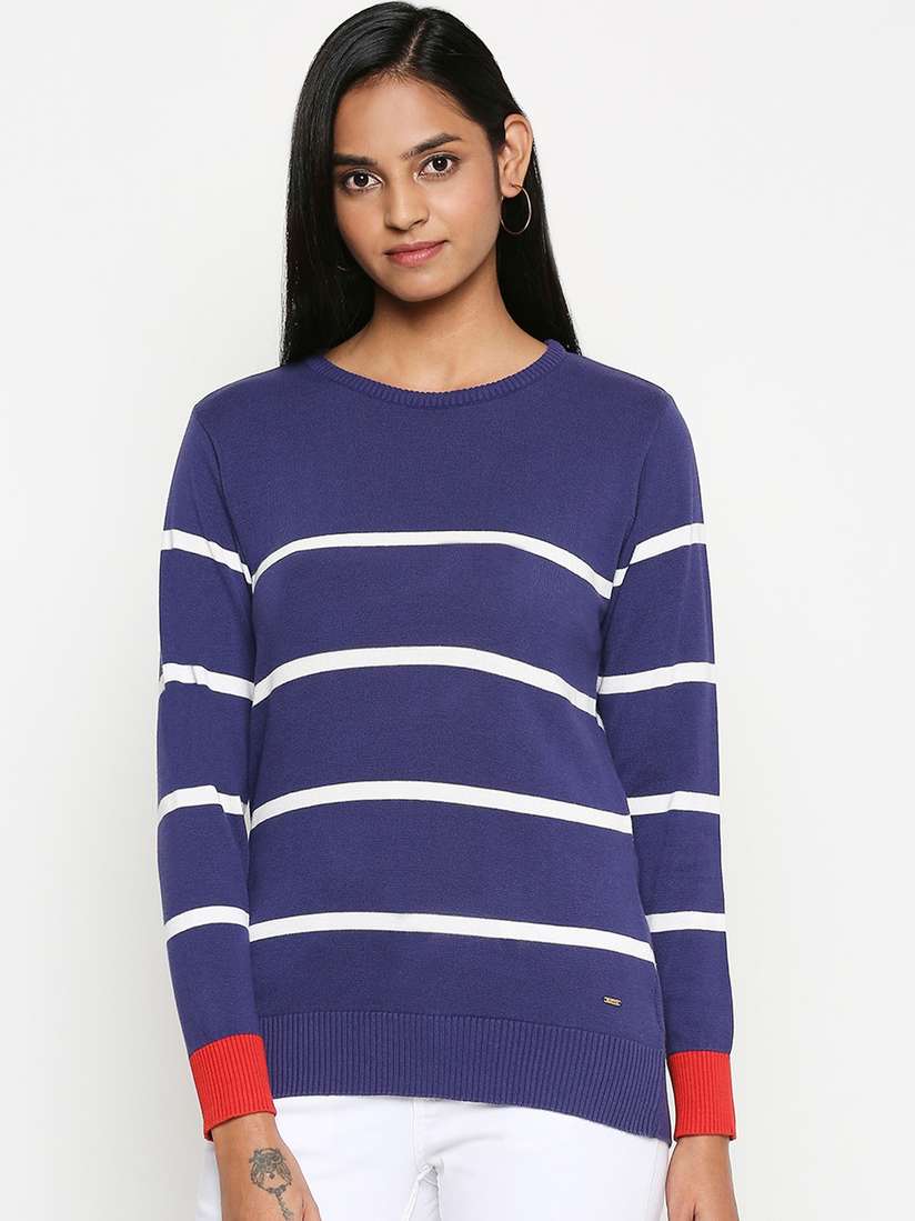 Buy People Women Navy Blue Striped Pullover Sweater Sweaters for