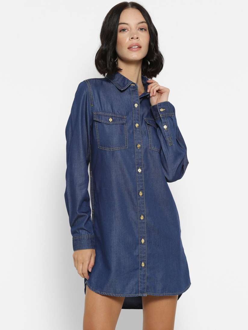 Buy FOREVER 21 Women Blue Solid Denim Mini Shirt Dress Dresses for Women 13825898 Myntra