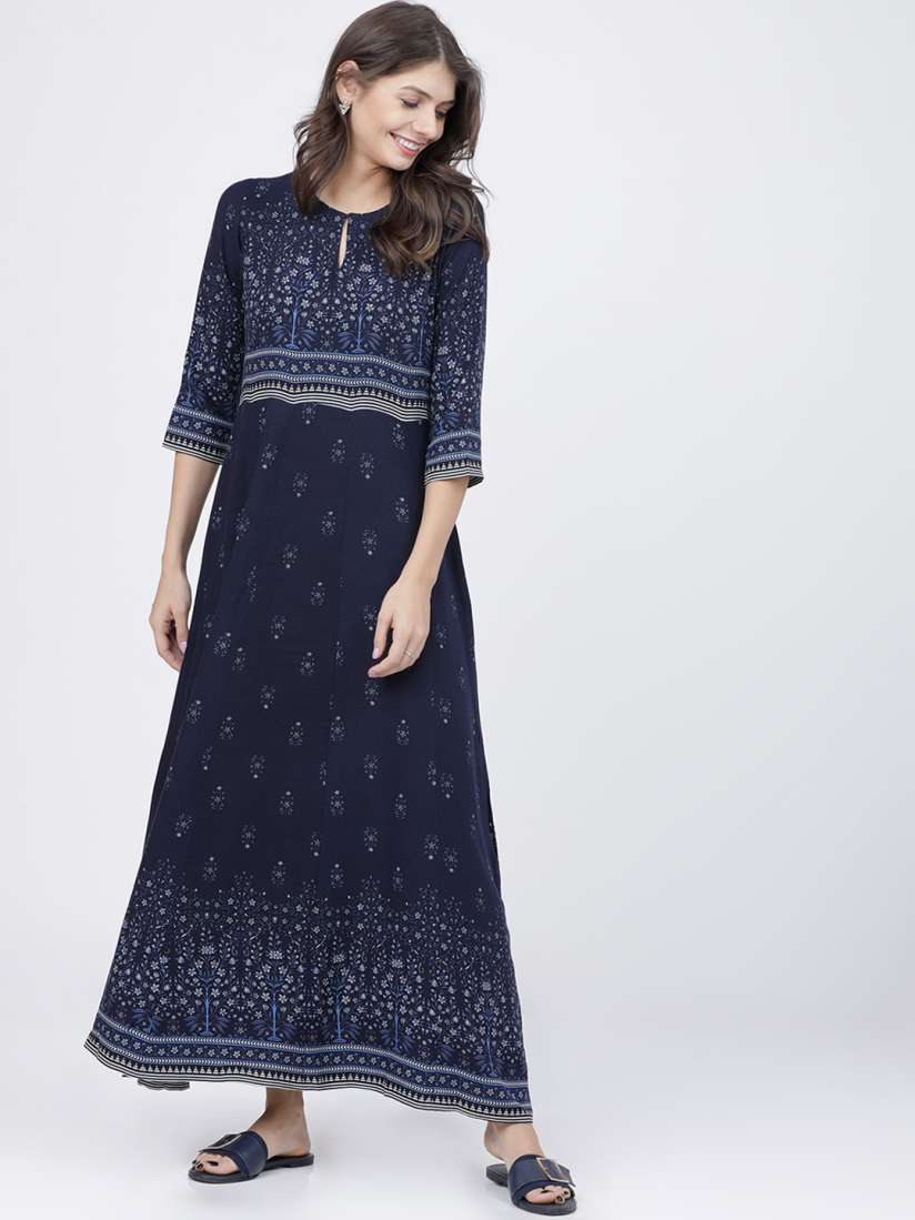 Vishudh navy blue printed maxi dress discount