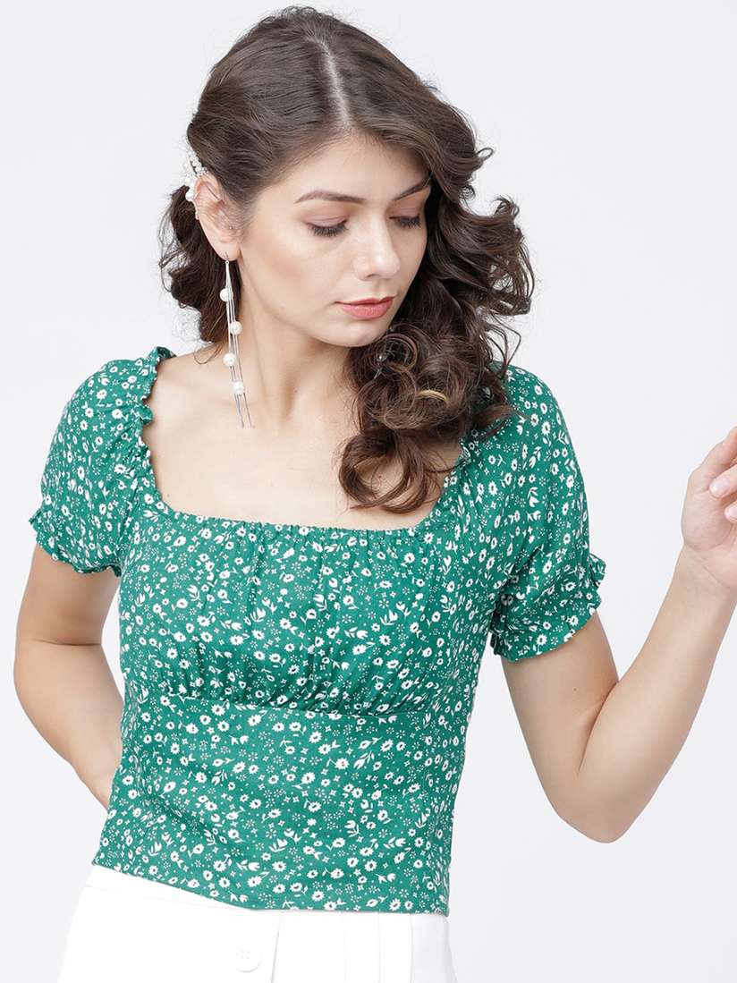 Buy Tokyo Talkies Green Floral Printed Fitted Top Tops for Women