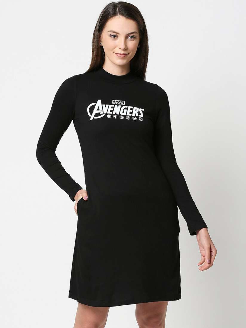 Buy Bewakoof Women Black Avengers Assemble Printed Pure Cotton T shirt Dress Dresses for Women 14151876 Myntra