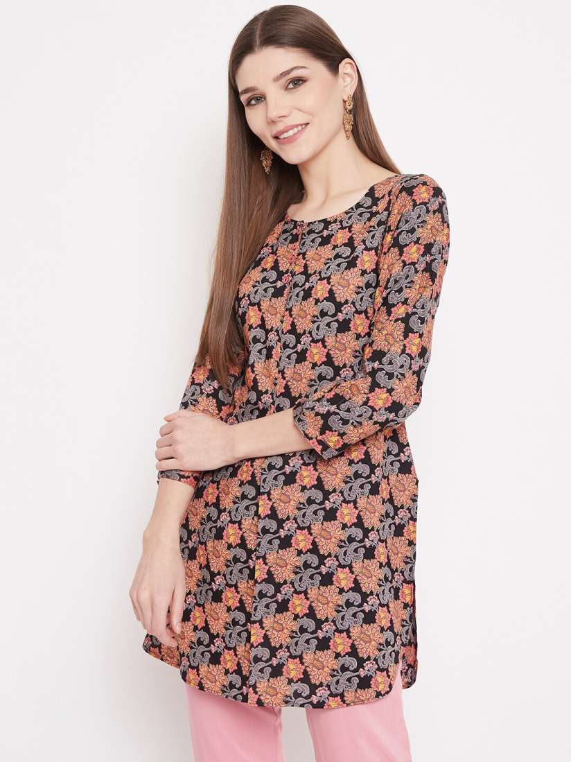 Buy Tissu Women Black Coral Coloured Floral Printed Straight Kurti Kurtis for Women 14216568 Myntra