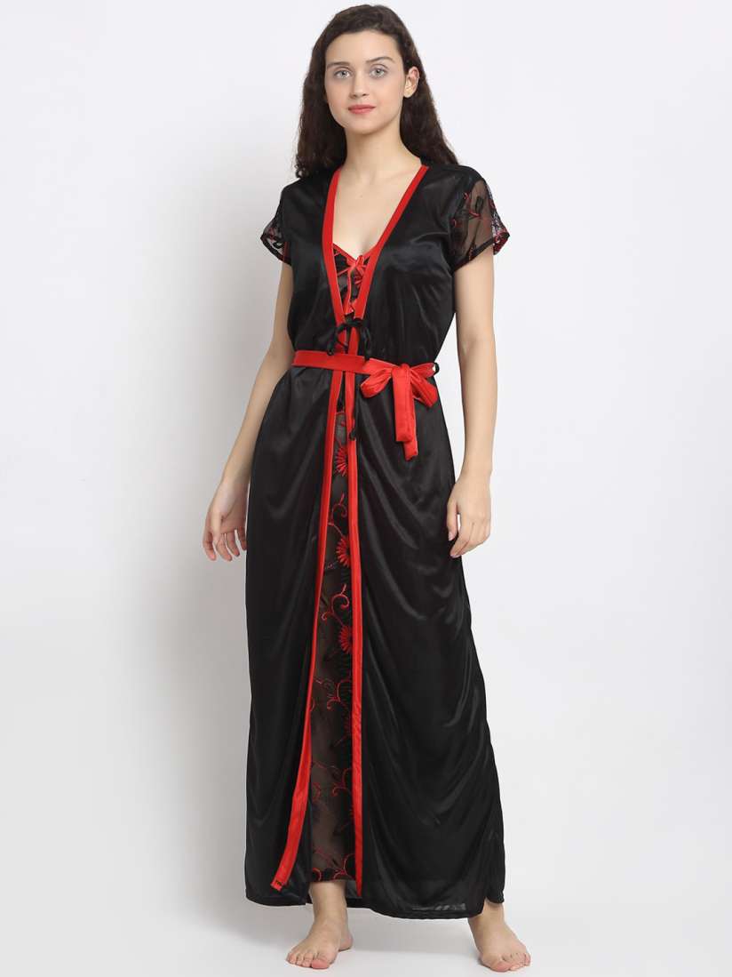 Buy Secret Wish Black Red Printed Nightdress With Robe Nightdress for Women 14026626 Myntra