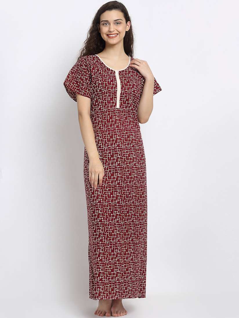 Buy Secret Wish Maroon White Printed Cotton Nighty Nightdress for Women 14026660 Myntra