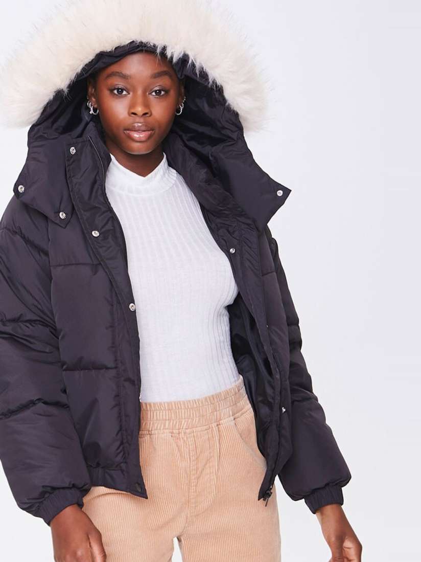 Buy FOREVER 21 Women Black Solid Hooded Puffer Jacket Jackets for Women 14043386 Myntra