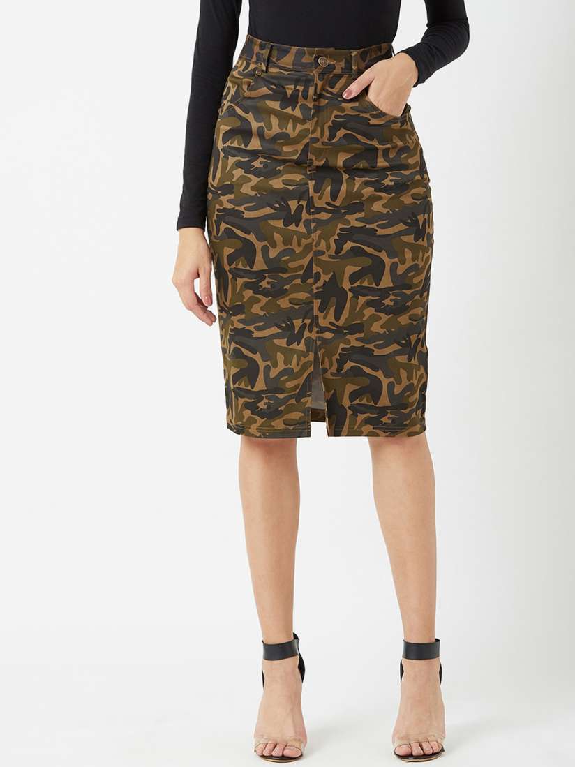 Buy Miss Chase Women Brown Olive Green Camouflage Print Knee Length Pencil Skirt Skirts for Women 14275284 Myntra