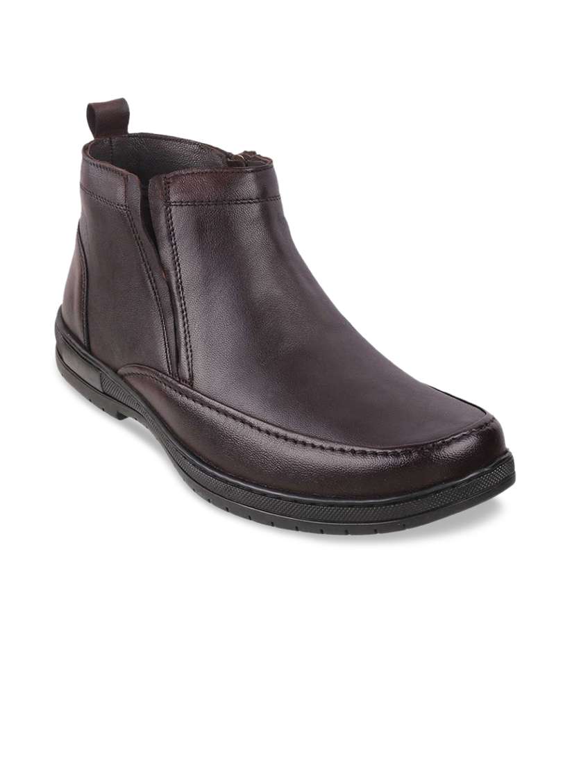 Buy Mochi Men Coffee Brown Solid Leather Mid Top Flat Boots Casual Shoes for Men 14284214 Myntra