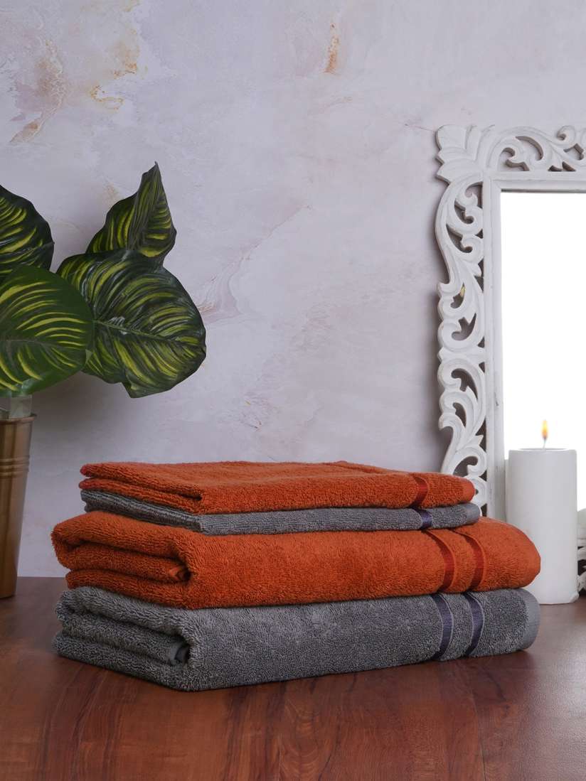 Buy SPACES Unisex Pack of 4 Grey Rust Orange Solid 500 GSM Cotton Bath Towels Hand Towels Towel Set for Unisex 14294844 Myntra