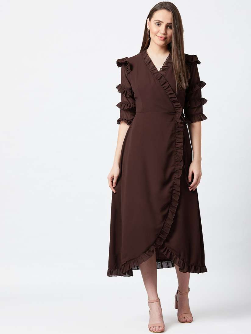 Buy PANIT Brown Solid Frilled Wrap Dress Dresses for Women 14305172 Myntra