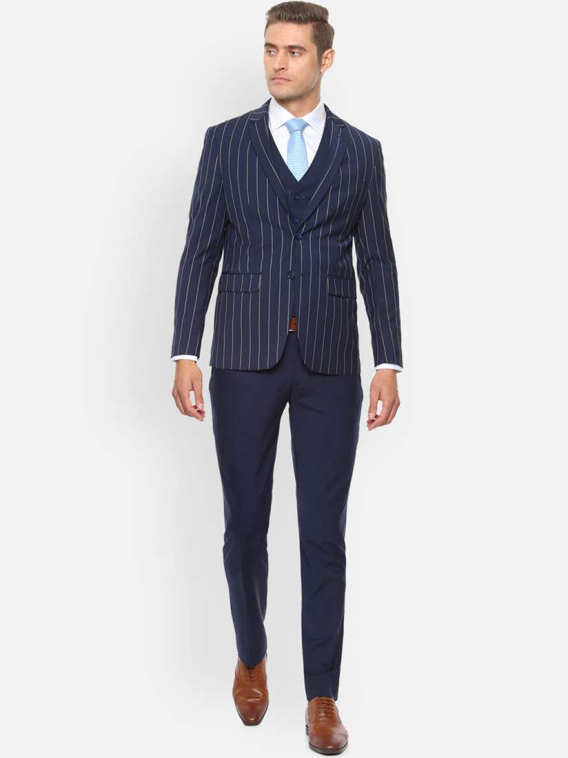Buy Louis Philippe Permapress Men Navy Blue Beige Striped Slim Fit Single Breasted Four Piece Formal Suit Suits for Men 14311690 Myntra