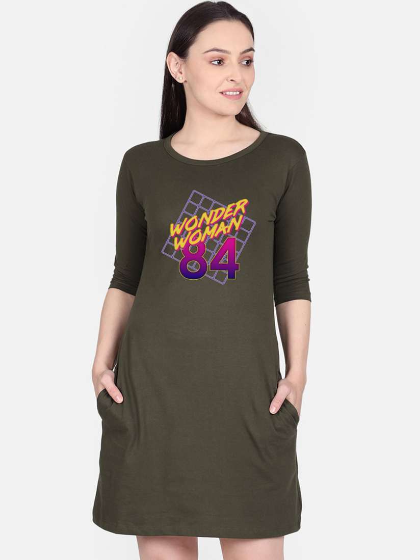 Buy Free Authority Olive Green T shirt Wonder Woman Pure Cotton T shirt Dress Dresses for Women 14328190 Myntra