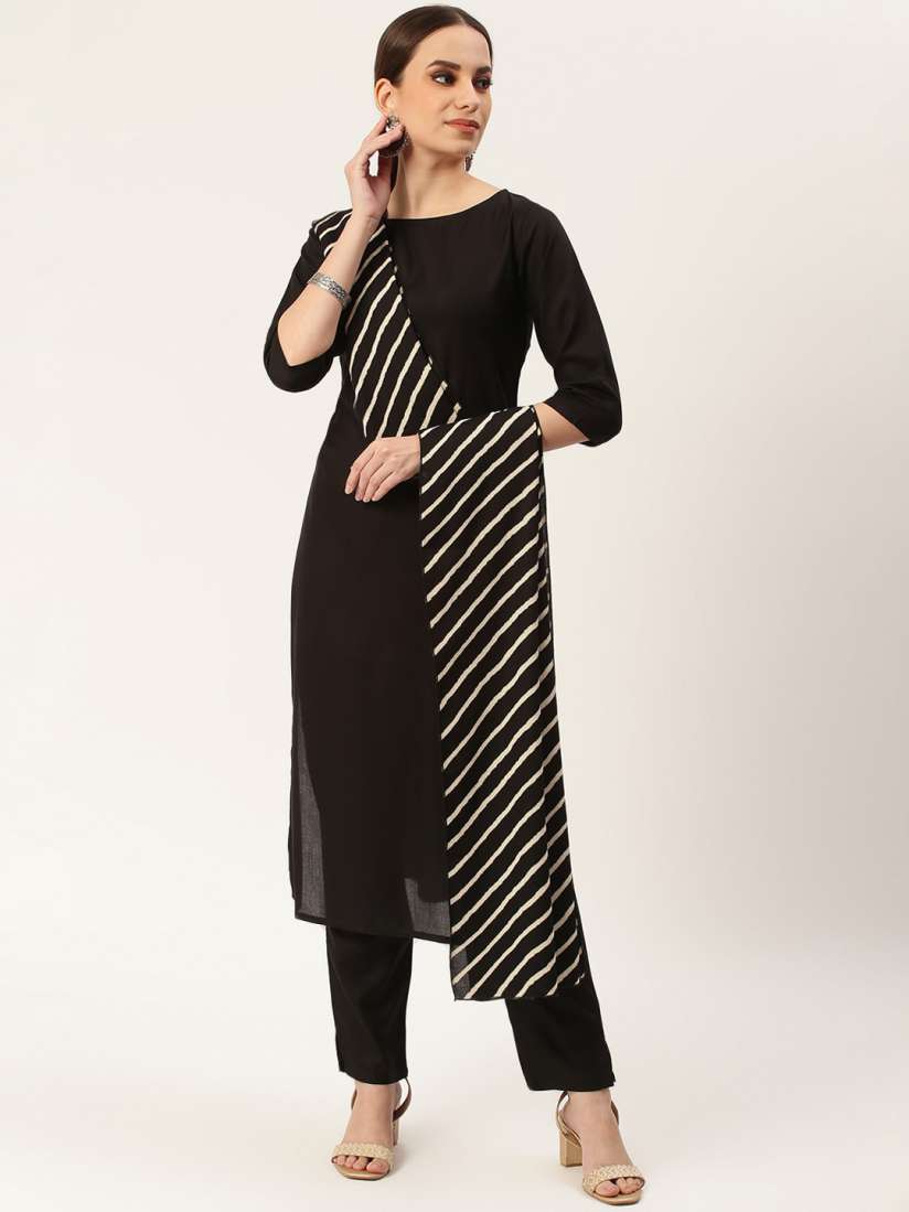 Buy Rustorange Women Black Yoke Design Layered A Line Kurti with Trousers With Dupatta Kurta Sets for Women 14380256 Myntra