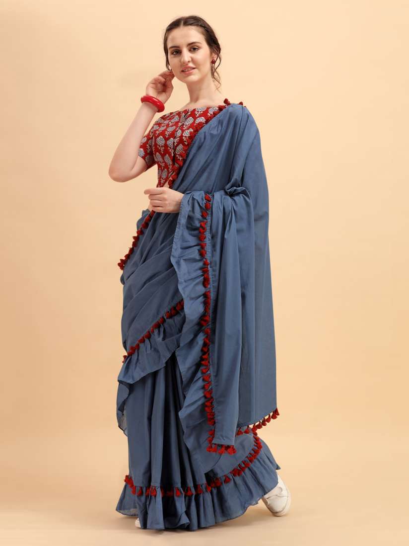 Buy Sangria Blue Red Ruffle Saree Sarees for Women 14383628 Myntra