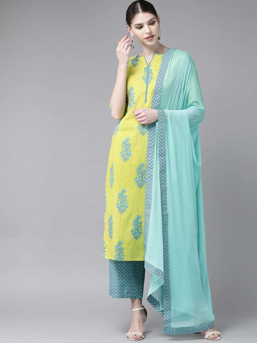 Buy Libas Women Green Floral Printed Pure Cotton Kurta With Trousers With Dupatta Kurta Sets for Women 14417770 Myntra