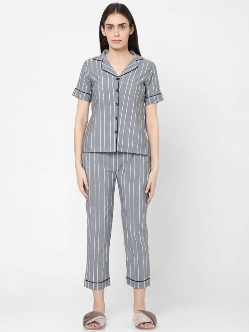 Buy Smarty Pants Women Grey White Striped Cotton Night Suit Night suits for Women 14263266 Myntra
