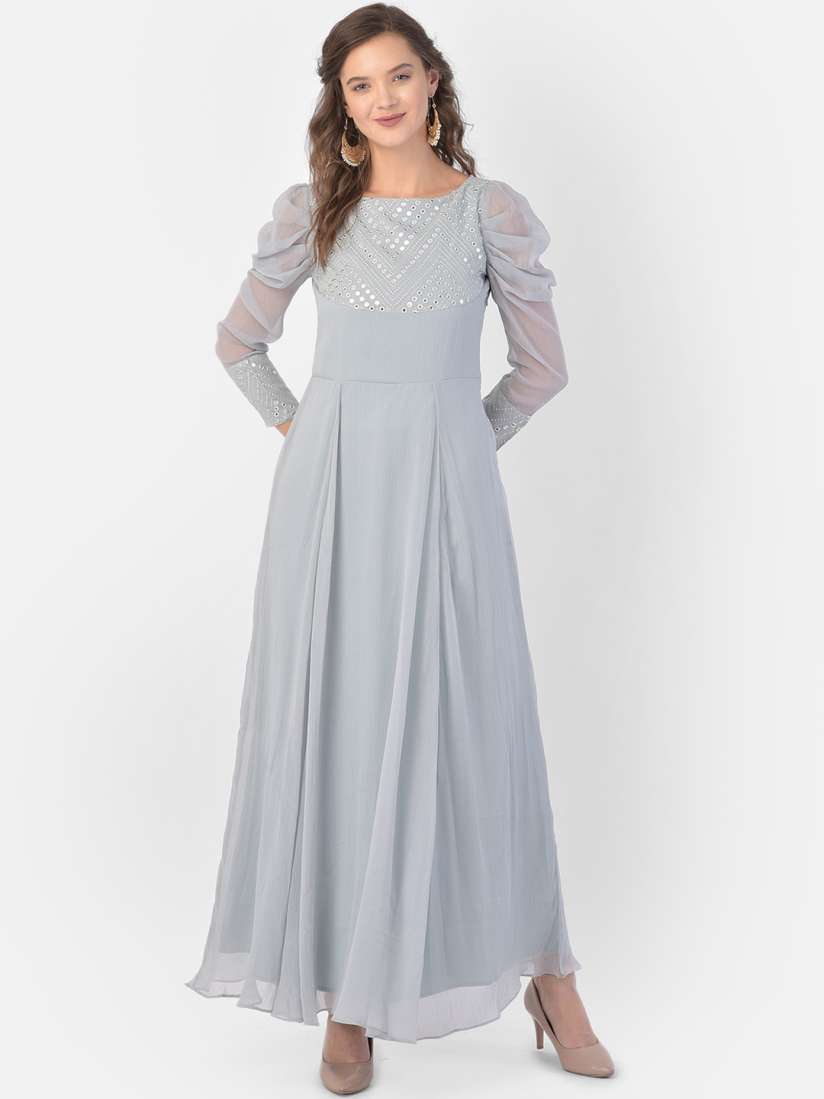 Buy Ojjasvi Grey Chiffon Embellished Maxi Dress Ethnic Dresses for Women 14449508 Myntra