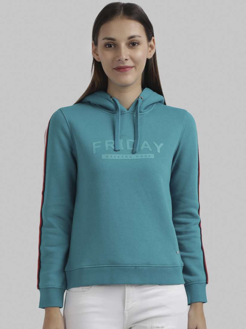Buy Parx Women Blue Printed Cotton Hooded Sweatshirt Sweatshirts for Women 14446722 Myntra