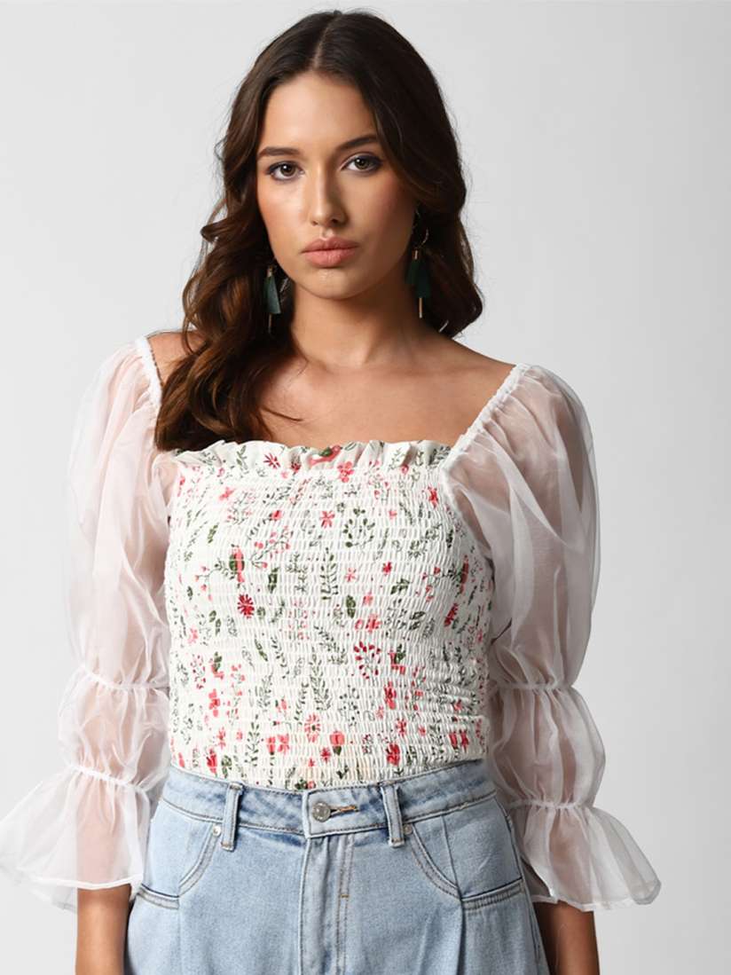 Buy FOREVER 21 Off White Red Floral Puff Sleeve Smocked Regular Top Tops for Women 14609824 Myntra