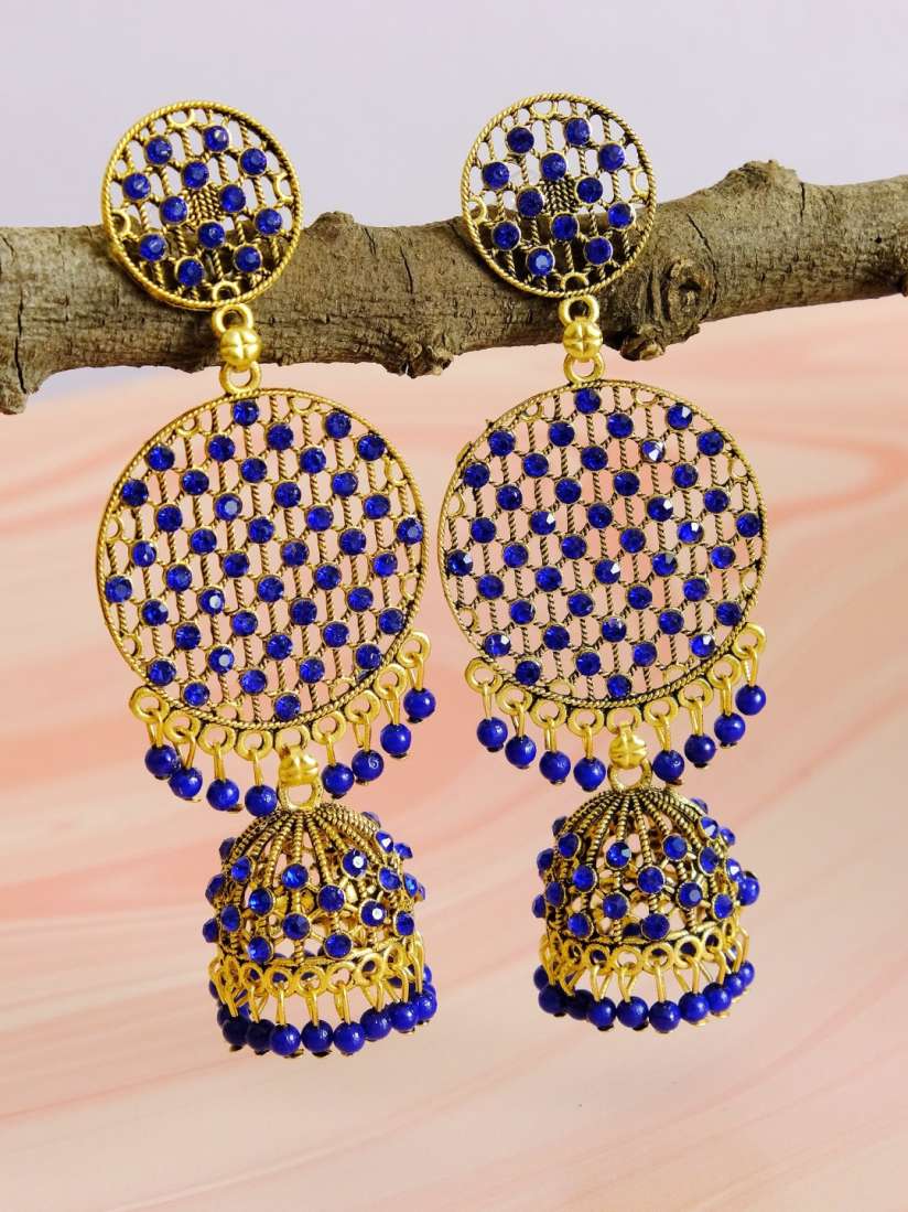Buy Crunchy Fashion Women Blue Gold Toned Artificial Stone Studded Contemporary Jhumka Earring Earrings for Women 14707118 Myntra