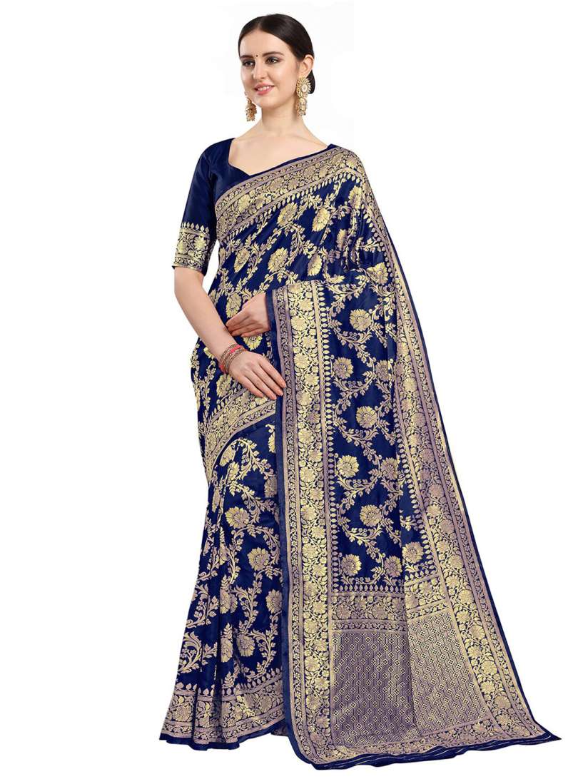 Buy KALINI Navy Blue Gold Toned Woven Design Zari Silk Blend Fusion Banarasi Saree Sarees for Women 14746022 Myntra