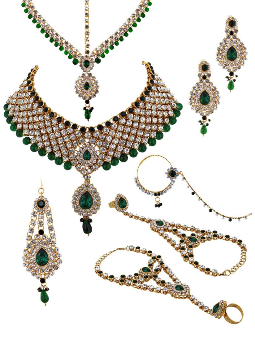 Buy LUCKY JEWELLERY Women 18K Gold Plated Green Cubic Zirconia Studded Bridal Jewellery Set Jewellery Set for Women 14768572 Myntra