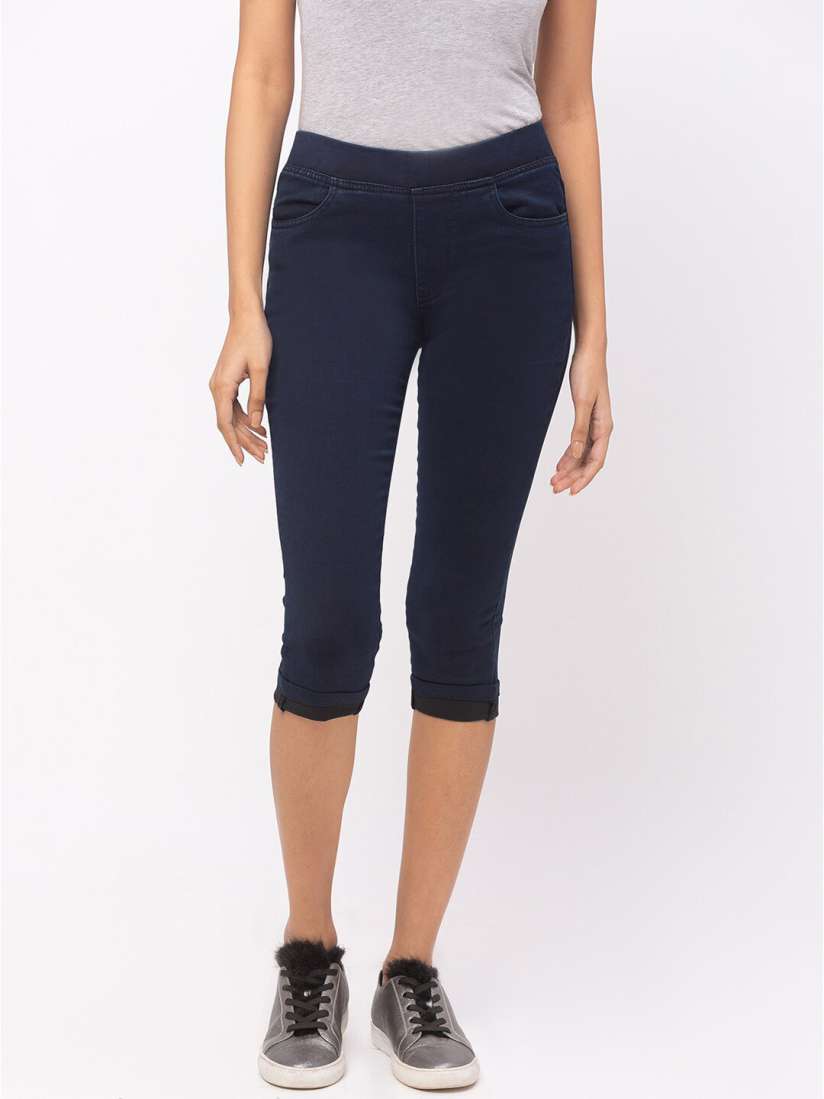 Buy ZOLA Women Navy Blue Solid Cotton Knee Length Denim Jeggings Jeggings for Women 14775120 Myntra