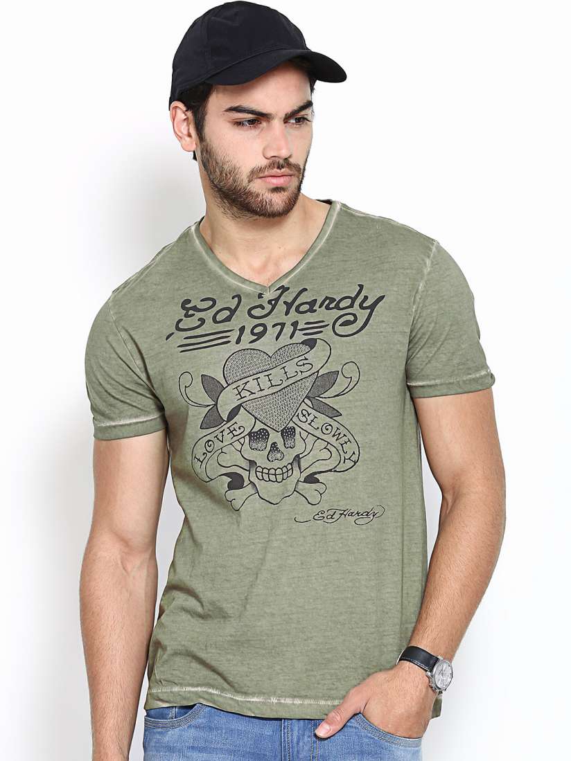 Buy Ed Hardy Men Olive Green Printed Pure Cotton T shirt Tshirts for Men 390683 Myntra