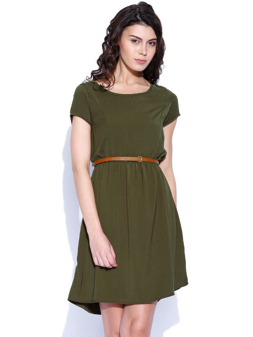 Olive green fit and flare dress new arrivals