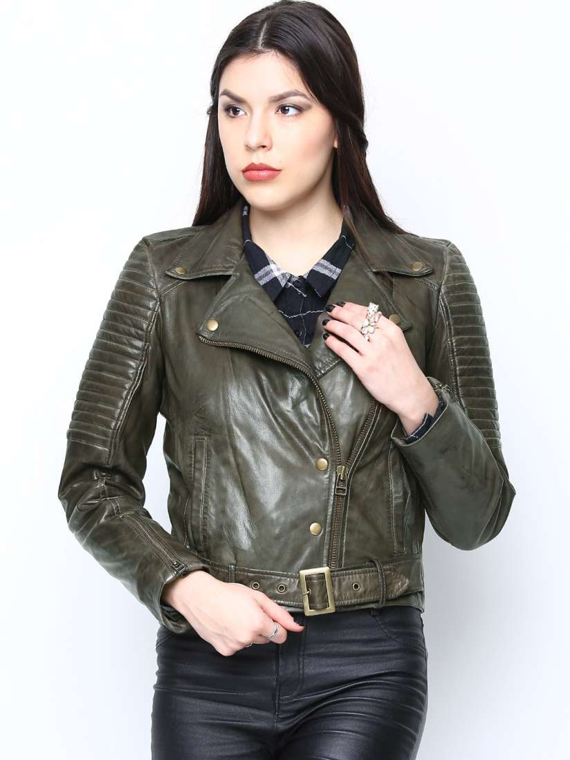 Buy BARESKIN Women Olive Green Leather Jacket Jackets for Women 619314 Myntra