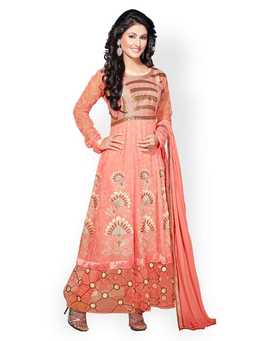 Buy Florence Peach Coloured Georgette Semi Stitched Anarkali Dress Material Dress Material for Women 629292 Myntra
