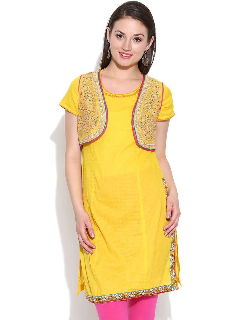 Buy BIBA Women Yellow Kurta with Ethnic Waistcoat Kurtas for Women 665517 Myntra