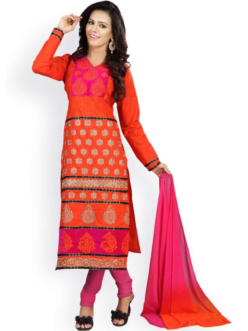 Buy Florence Orange Pink Embroidered Cotton Semi Stitched Dress Material Dress Material for Women 832409 Myntra