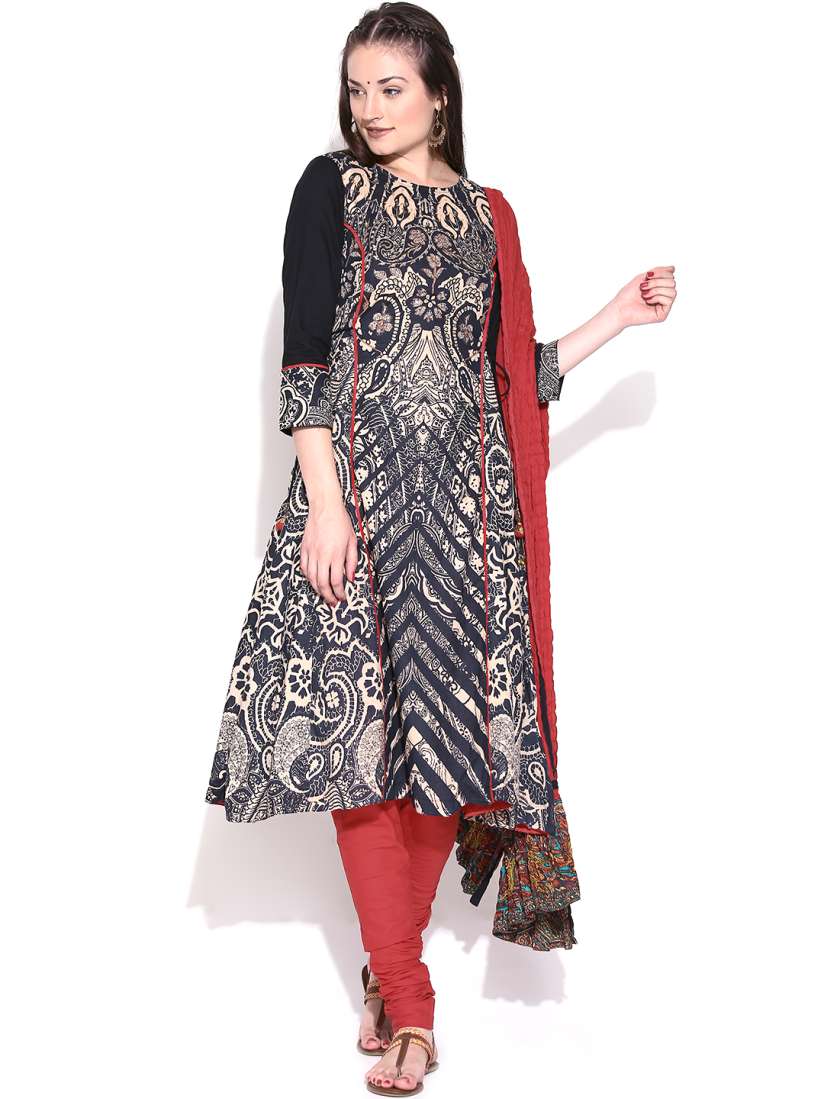Rain & rainbow black printed kurta churidar dupatta on sale