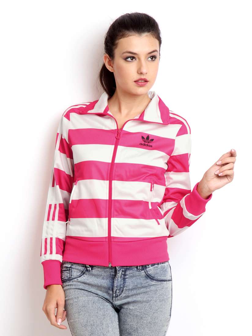 Pink adidas jacket with white stripes sales