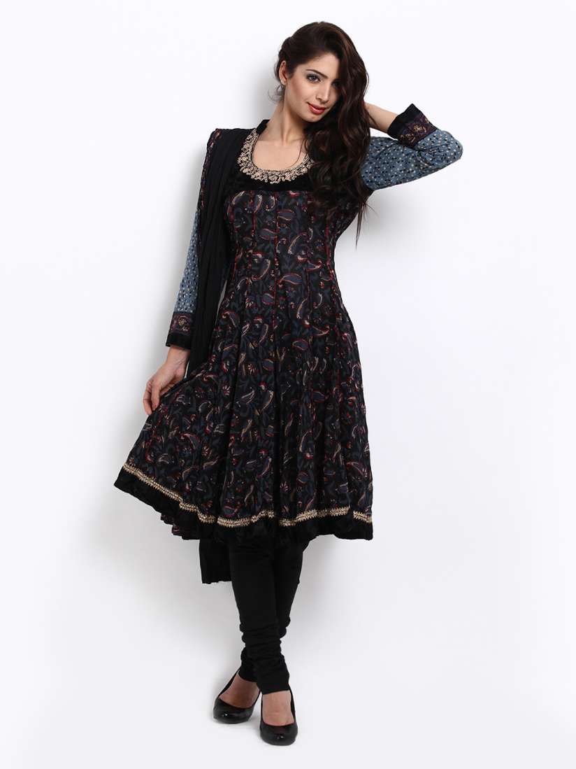 Buy Biba Women Charcoal Grey Black Anarkali Printed Churidar Kurta with Dupatta Kurta Sets for Women 145723 Myntra