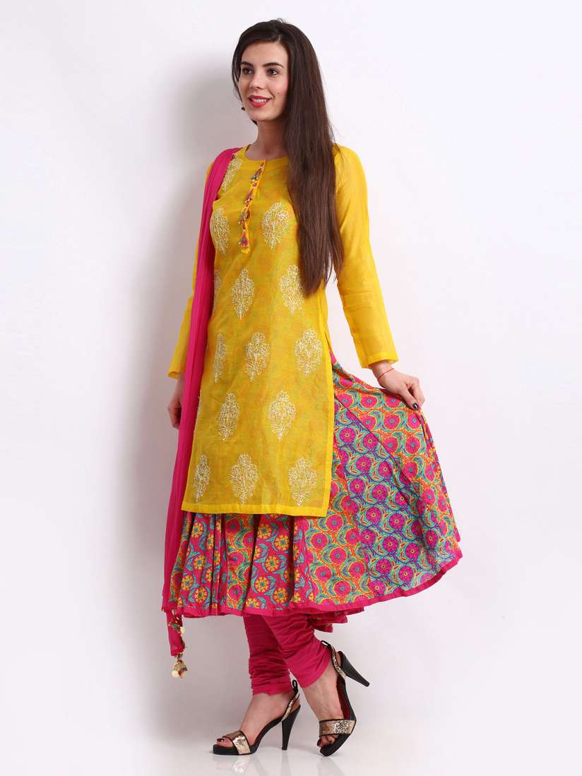 Buy BIBA OUTLET Women Yellow Pink Churidar Kurta with Dupatta Kurta Sets for Women 236038 Myntra