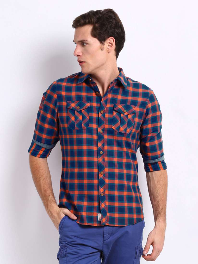 Buy Being Human Clothing Men Navy Orange Checked Slim Fit Casual Shirt Shirts for Men 209445 Myntra