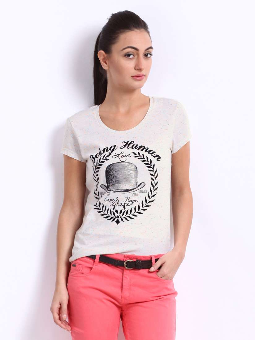 Buy Being Human Clothing Women Off White Printed Pure Cotton T shirt Tshirts for Women 199924 Myntra
