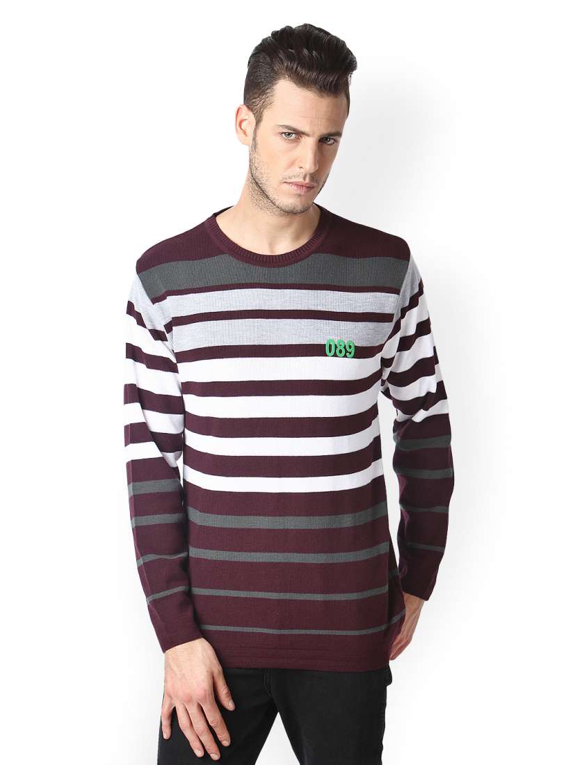 Buy Cantabil Men Maroon Grey Striped Woollen Sweater Sweaters for Men 554890 Myntra