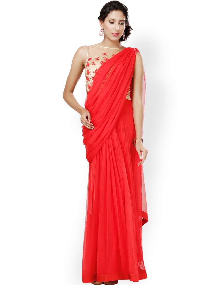 Buy Eavan Red Beige Embroidered Saree Gown Dresses for Women 755023 Myntra