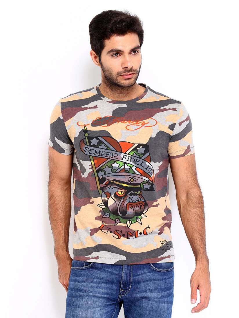 Buy Ed Hardy Men Brown Grey Camouflage Print Pure Cotton T shirt Tshirts for Men 328722 Myntra