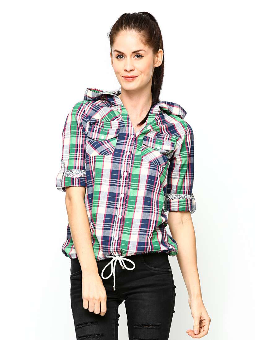 Buy Flying Machine Women Multicoloured Hooded Checked Casual Shirt Shirts for Women 434044 Myntra