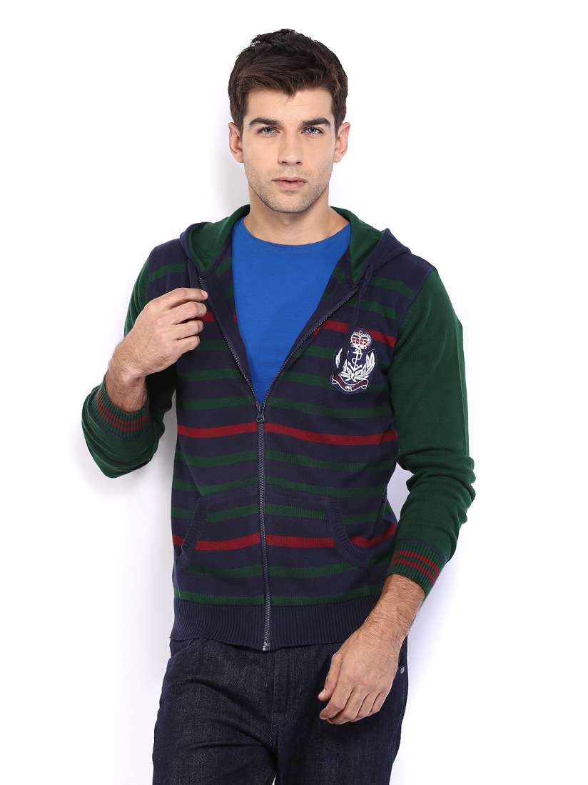 Buy HRX by Hrithik Roshan Men Blue Green Striped Hooded Cardigan Sweaters for Men 363966 Myntra
